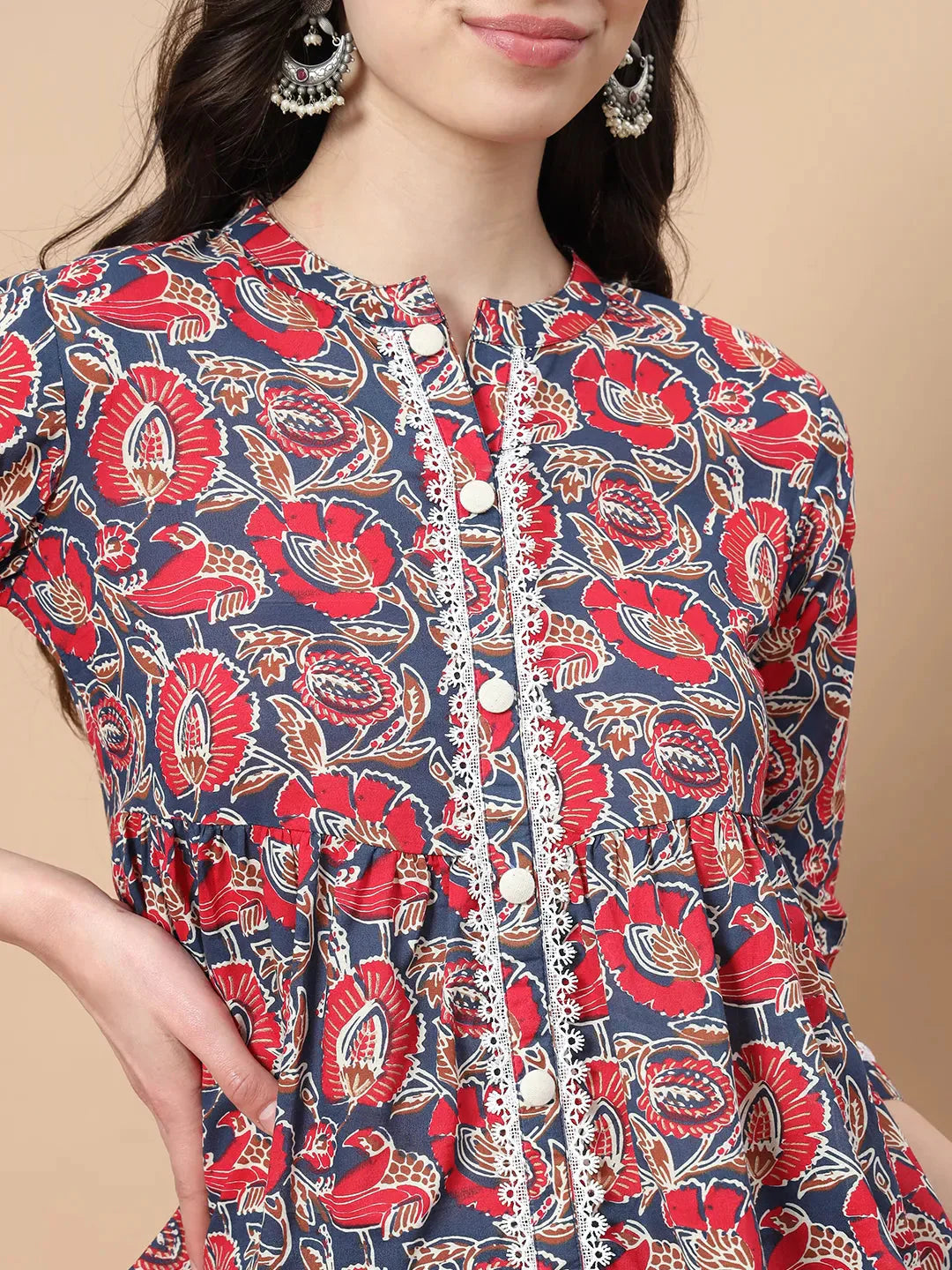 Yufta Red Cotton Floral Print Peplum Top With Lace Detailing