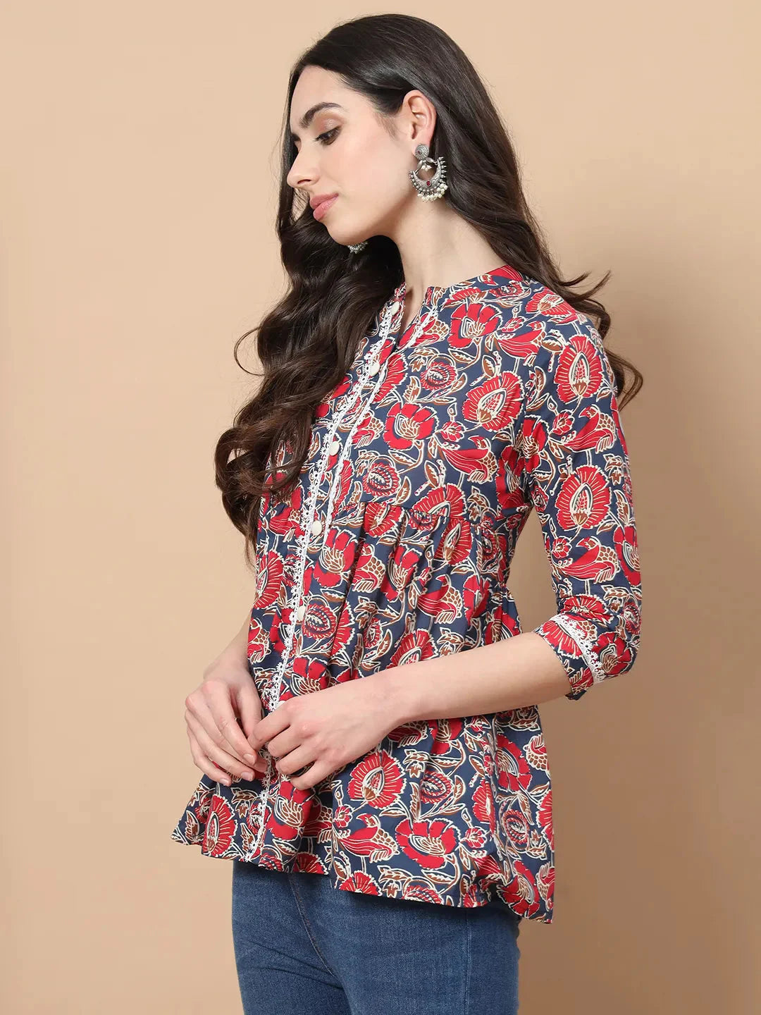 Yufta Red Cotton Floral Print Peplum Top With Lace Detailing