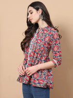 Thumbnail for Yufta Red Cotton Floral Print Peplum Top With Lace Detailing