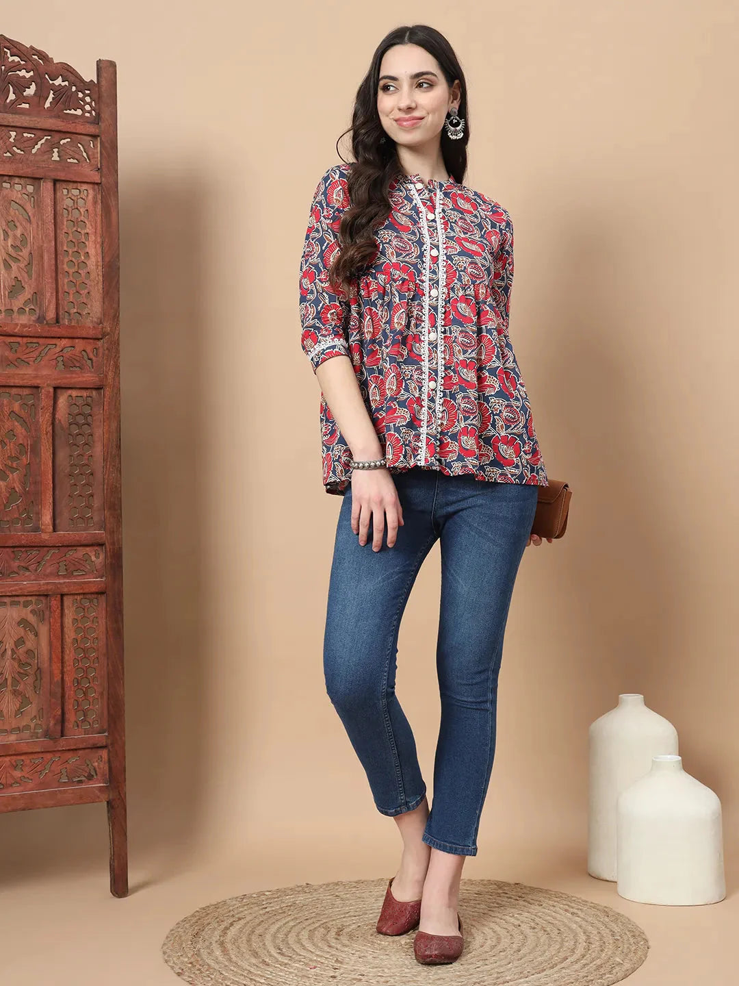 Yufta Red Cotton Floral Print Peplum Top With Lace Detailing