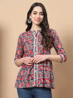 Thumbnail for Yufta Red Cotton Floral Print Peplum Top With Lace Detailing