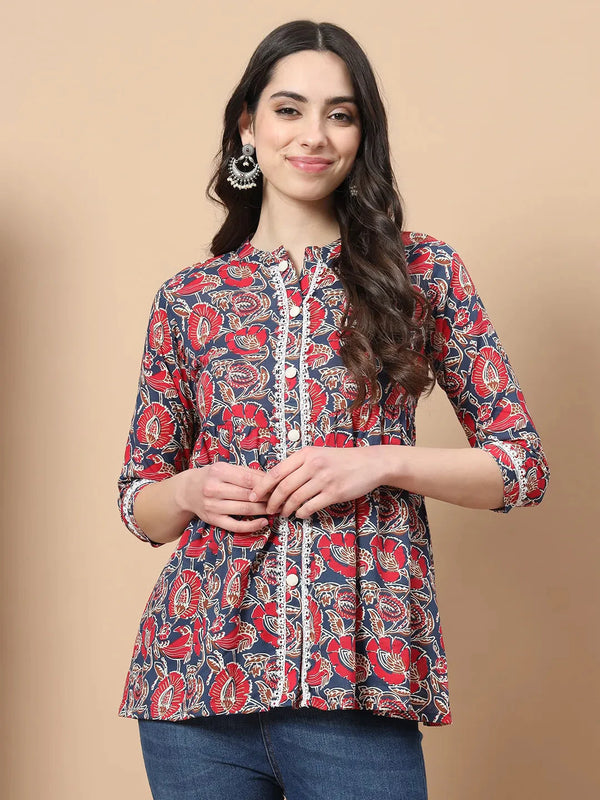 Yufta Red Cotton Floral Print Peplum Top With Lace Detailing