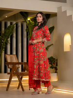 Thumbnail for Yufta Red Dori Embroidery Voile Anarkali Kurta With Trousers With Dupatta Set