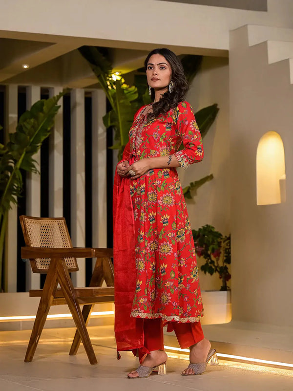 Yufta Red Dori Embroidery Voile Anarkali Kurta With Trousers With Dupatta Set