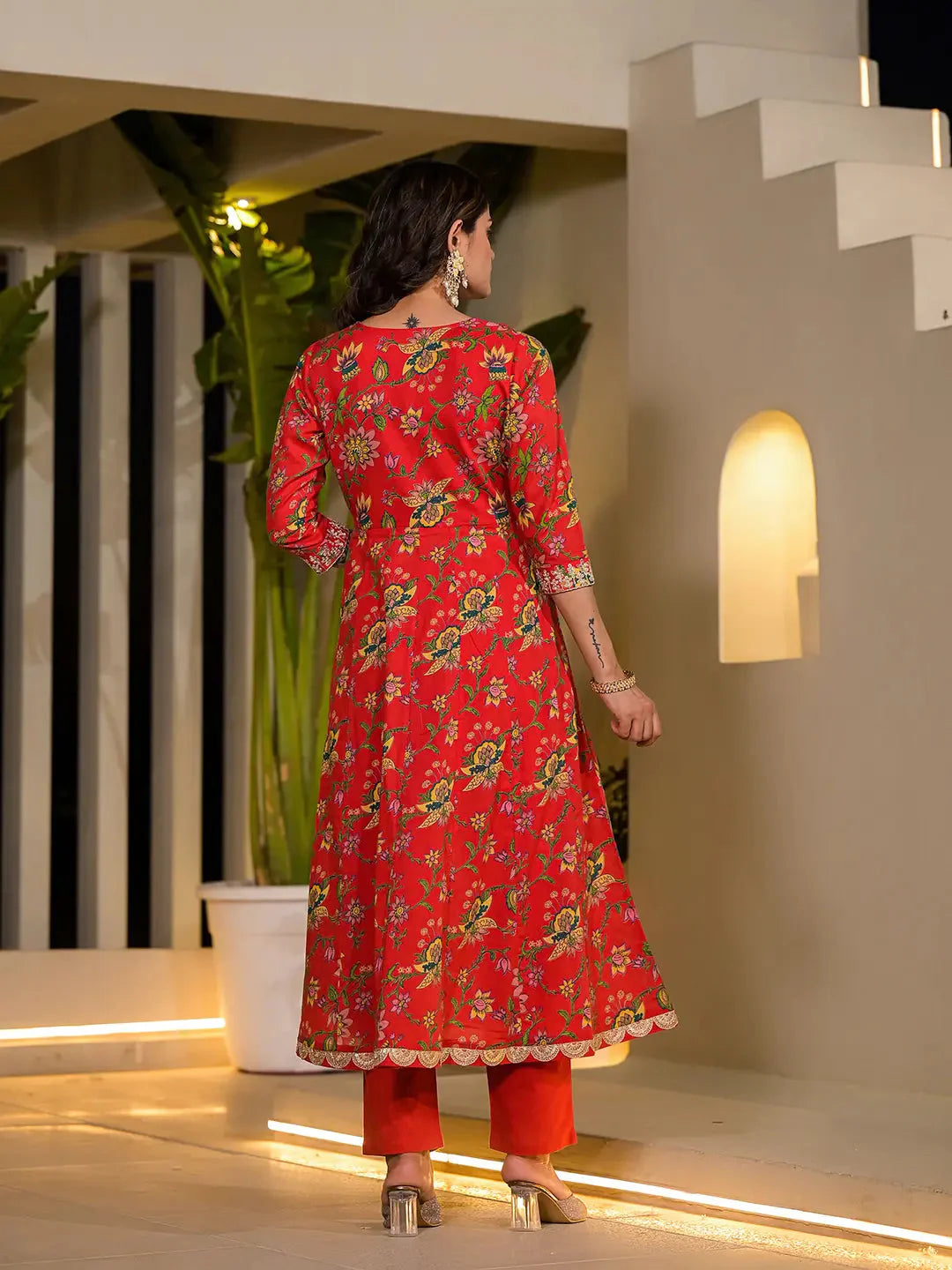 Yufta Red Dori Embroidery Voile Anarkali Kurta With Trousers With Dupatta Set