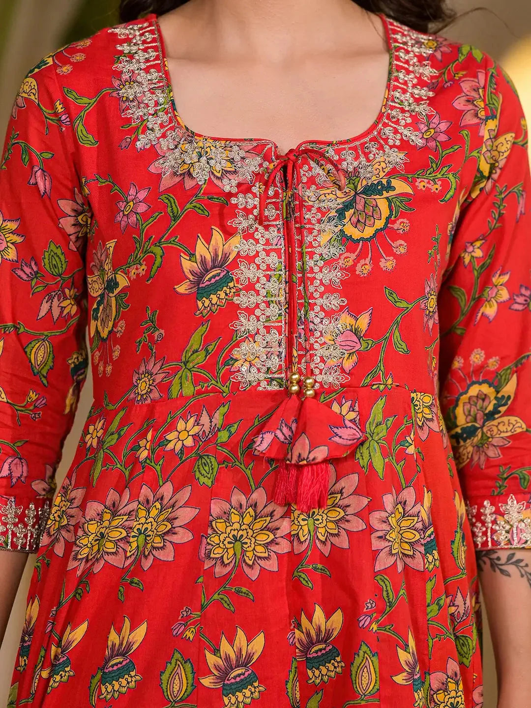 Yufta Red Dori Embroidery Voile Anarkali Kurta With Trousers With Dupatta Set