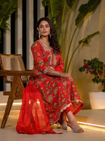 Thumbnail for Yufta Red Dori Embroidery Voile Anarkali Kurta With Trousers With Dupatta Set