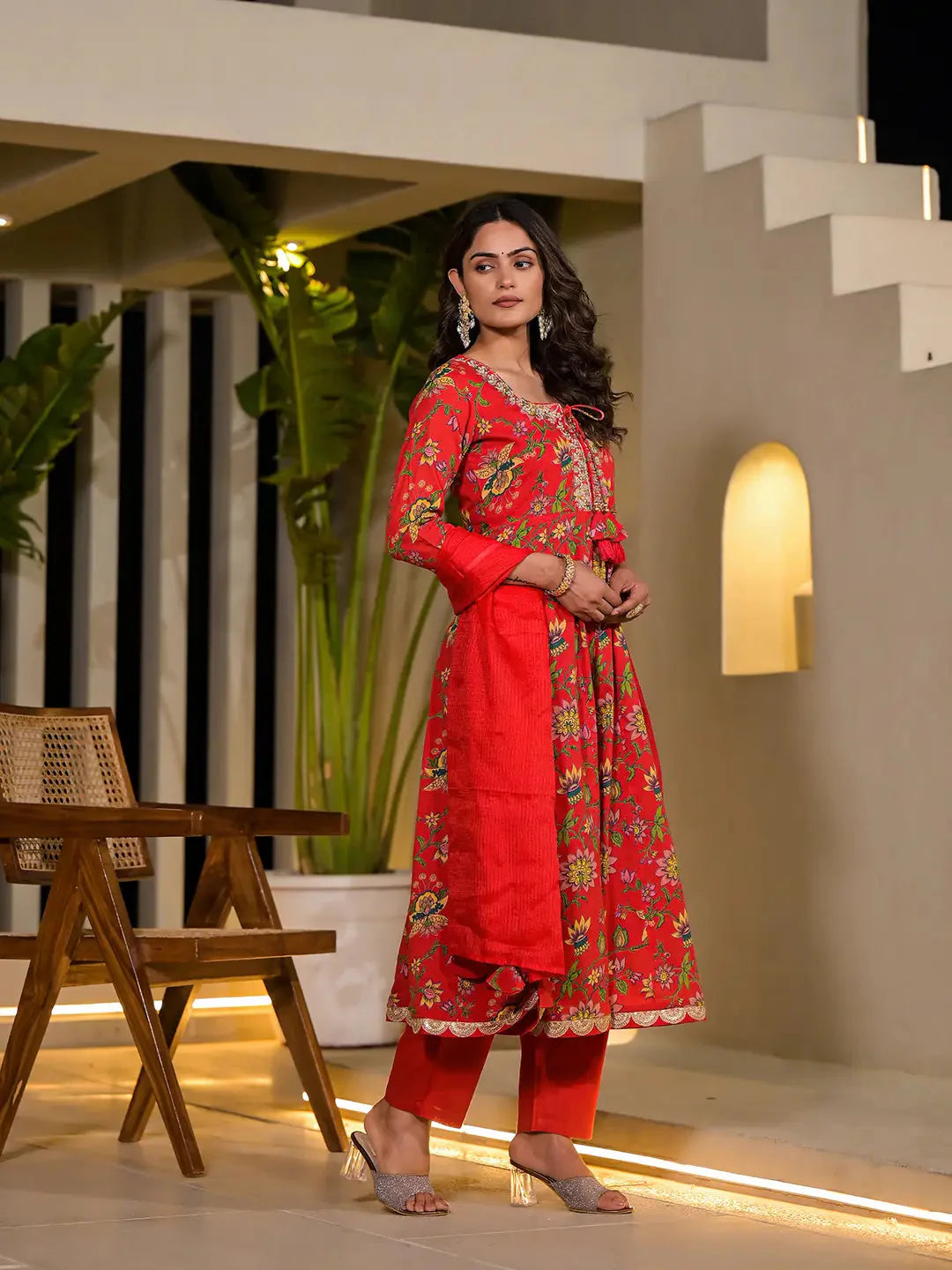 Yufta Red Dori Embroidery Voile Anarkali Kurta With Trousers With Dupatta Set