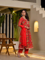 Thumbnail for Yufta Red Dori Embroidery Voile Anarkali Kurta With Trousers With Dupatta Set