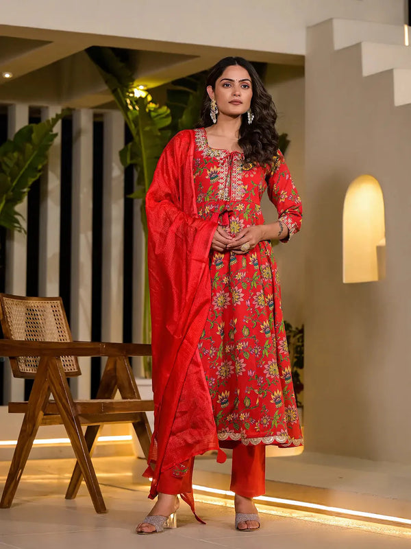 Yufta Red Dori Embroidery Voile Anarkali Kurta With Trousers With Dupatta Set