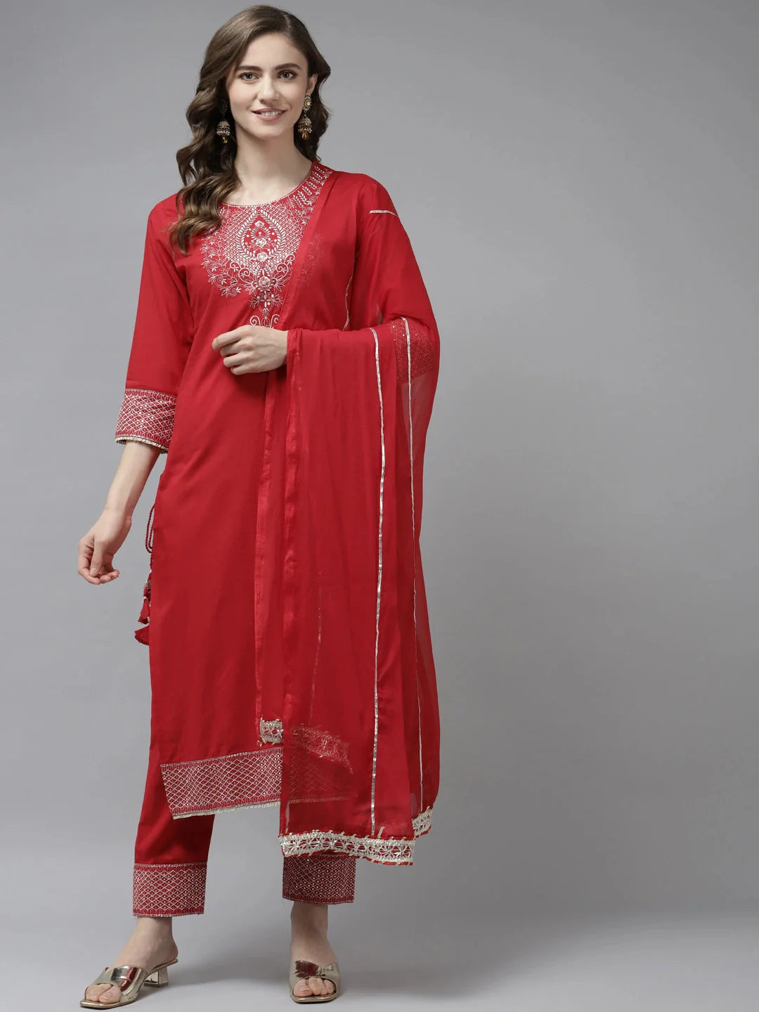 Yufta Red Ethnic Motifs Dupatta Set
