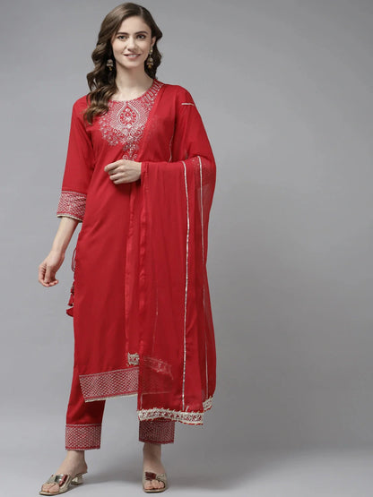 Yufta Red Ethnic Motifs Dupatta Set - Distacart