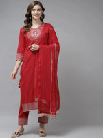 Thumbnail for Yufta Red Ethnic Motifs Dupatta Set
