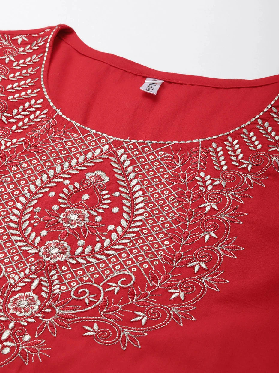 Yufta Red Ethnic Motifs Dupatta Set