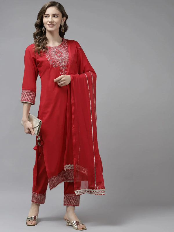 Yufta Red Ethnic Motifs Dupatta Set