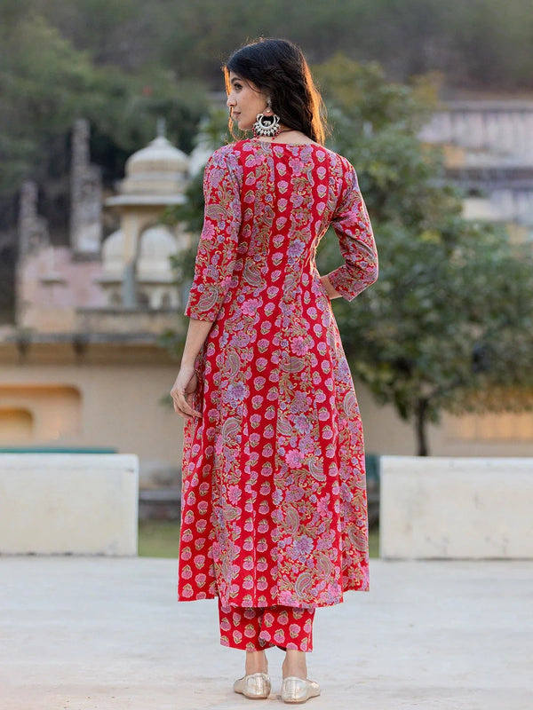 Yufta Red Floral Print Regular Sleeves Anarkali Kurta Trouser And Dupatta Set