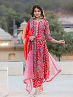 Thumbnail for Yufta Red Floral Print Regular Sleeves Anarkali Kurta Trouser And Dupatta Set