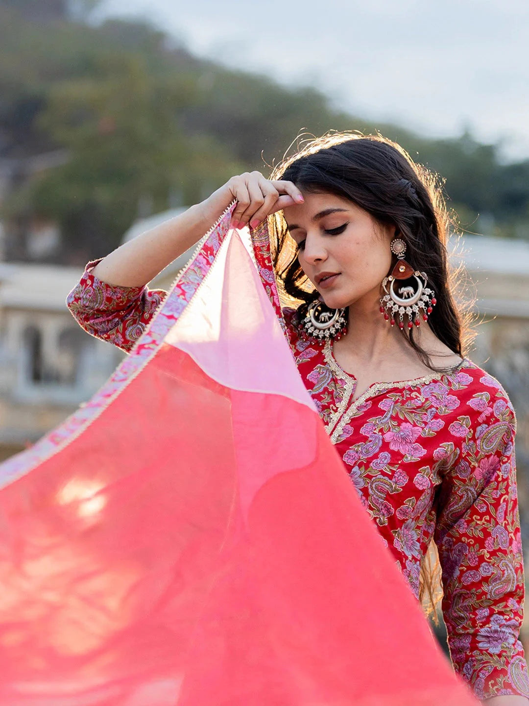 Yufta Red Floral Print Regular Sleeves Anarkali Kurta Trouser And Dupatta Set