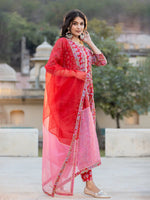 Thumbnail for Yufta Red Floral Print Regular Sleeves Anarkali Kurta Trouser And Dupatta Set