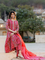 Thumbnail for Yufta Red Floral Print Regular Sleeves Anarkali Kurta Trouser And Dupatta Set