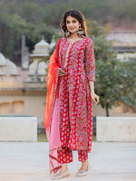 Thumbnail for Yufta Red Floral Print Regular Sleeves Anarkali Kurta Trouser And Dupatta Set