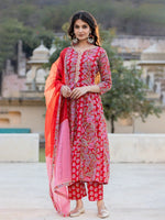 Thumbnail for Yufta Red Floral Print Regular Sleeves Anarkali Kurta Trouser And Dupatta Set