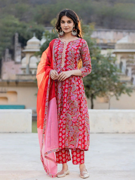 Yufta Red Floral Print Regular Sleeves Anarkali Kurta Trouser And Dupatta Set