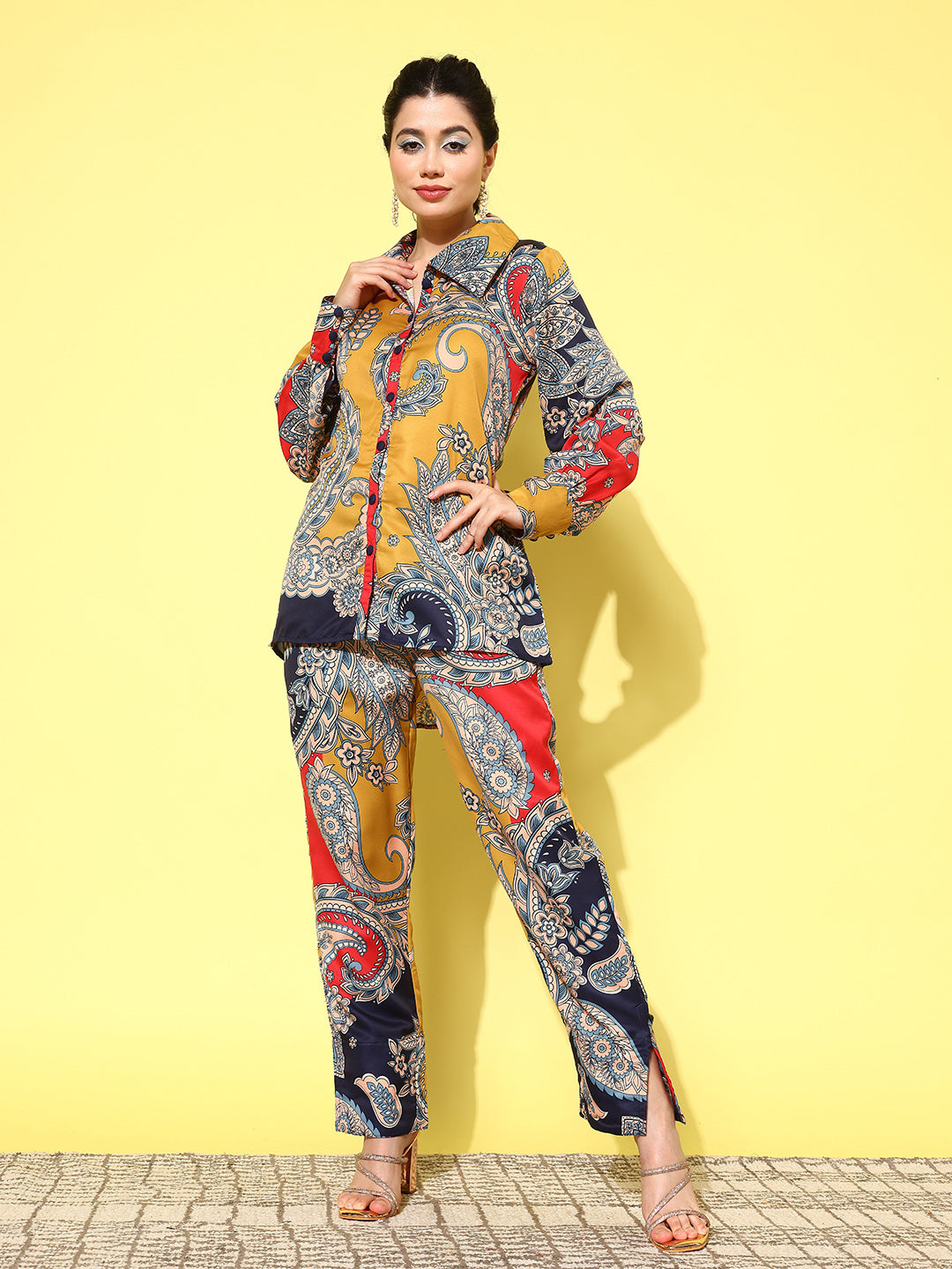 Yufta Red Paisley Printed Satin Co-Ords - Distacart