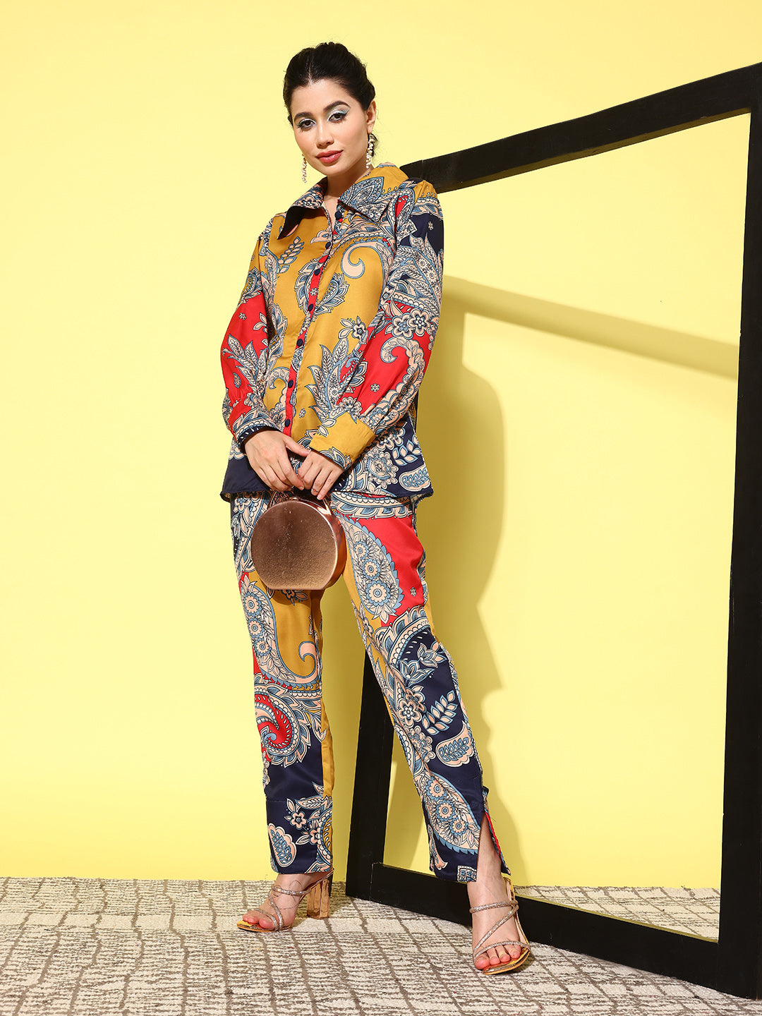 Yufta Red Paisley Printed Satin Co-Ords - Distacart