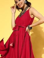 Thumbnail for Yufta Red Solid Strap Dress with Belt