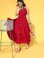 Thumbnail for Yufta Red Solid Strap Dress with Belt