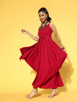 Thumbnail for Yufta Red Solid Strap Dress with Belt