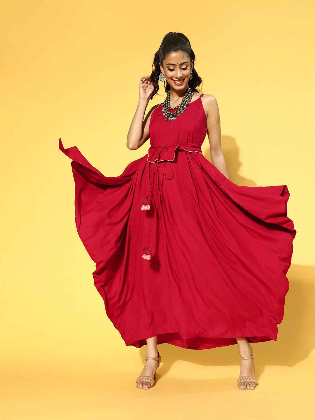 Yufta Red Solid Strap Dress with Belt - Distacart