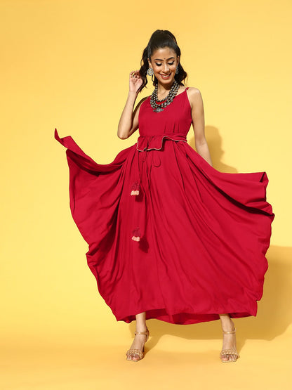 Yufta Red Solid Strap Dress with Belt - Distacart