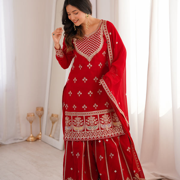 Evanik Red Faux Georgette Embroidery Dori, Sequence And Thread Work Kurta Palazzo With Dupatta - Dista
