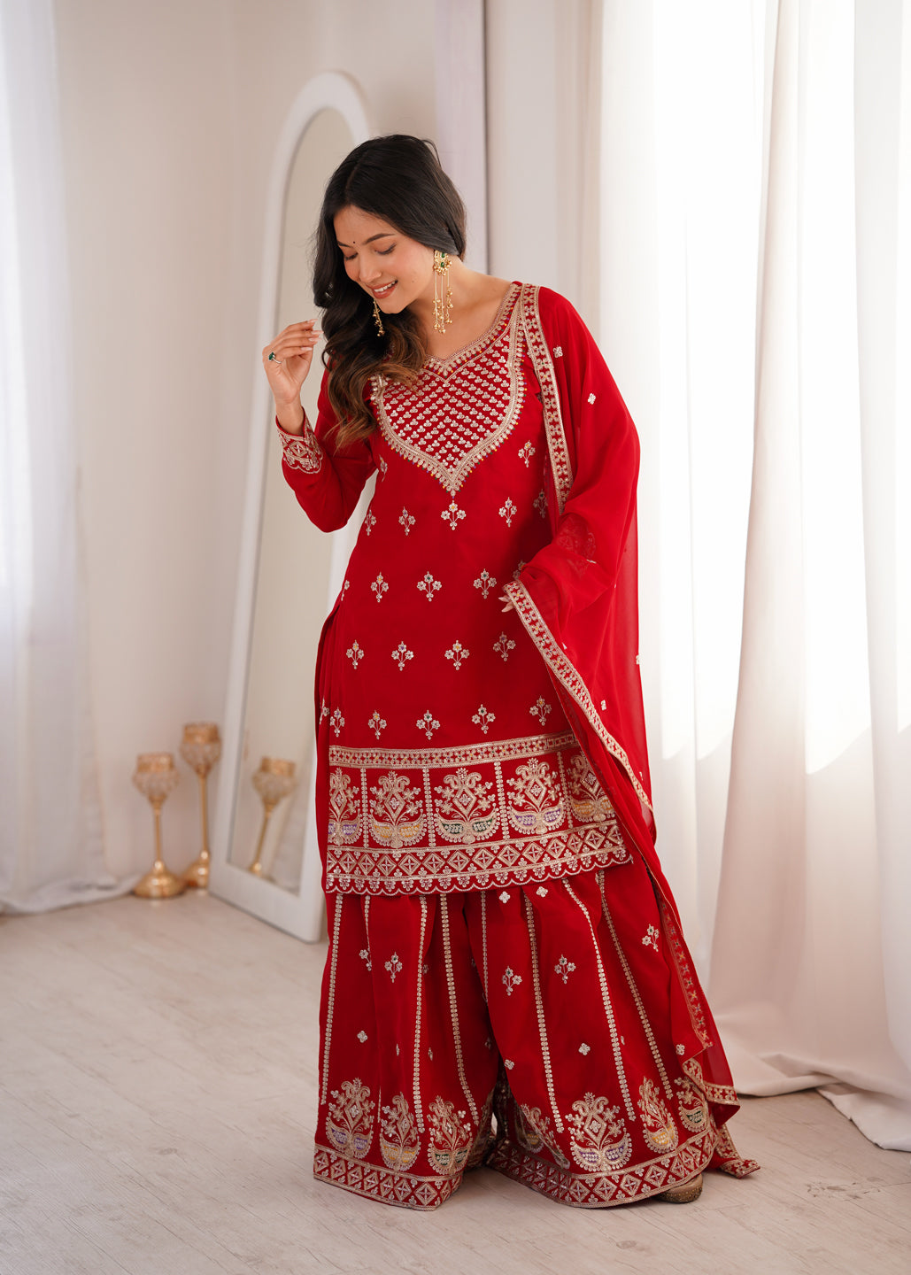 Evanik Red Faux Georgette Embroidery Dori, Sequence And Thread Work Kurta Palazzo With Dupatta - Dista