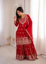 Thumbnail for Evanik Red Faux Georgette Embroidery Dori, Sequence And Thread Work Kurta Palazzo With Dupatta - Dista