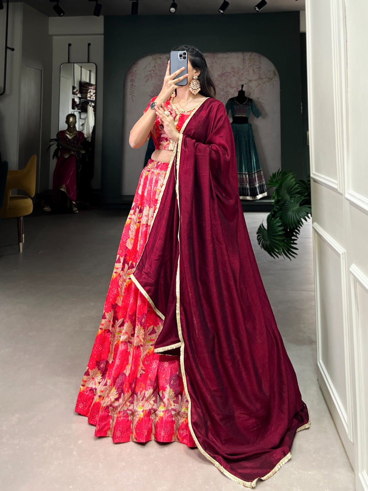 Lorenvalley Red Tussar Silk Printed Lehenga Choli - Distacart