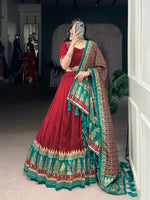 Thumbnail for Lorenvalley Fashion Red Tasar Silk Print with Foil Work and Real Mirror Gamthi Work with Lace Touch Up Lehenga Choli with Dupatta