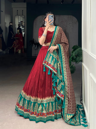 Lorenvalley Fashion Red Tasar Silk Print with Foil Work and Real Mirror Gamthi Work with Lace Touch Up Lehenga Choli with Dupatta