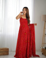 Thumbnail for Lorenvalley Fashion Red Soft Chiffon Bandhej Fabric Print Fully Flair Anarkali With Pant Dupatta Set - Distacart