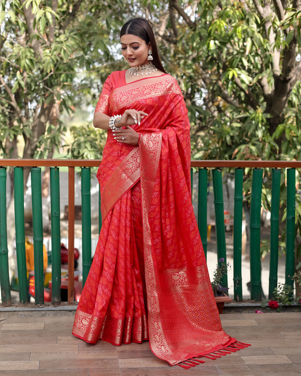 Lorenvalley Premium Bandhej Patola Silk Sarees with kanchi Borders and Contrast Zari Weaving borders Saree - Red - Distacart
