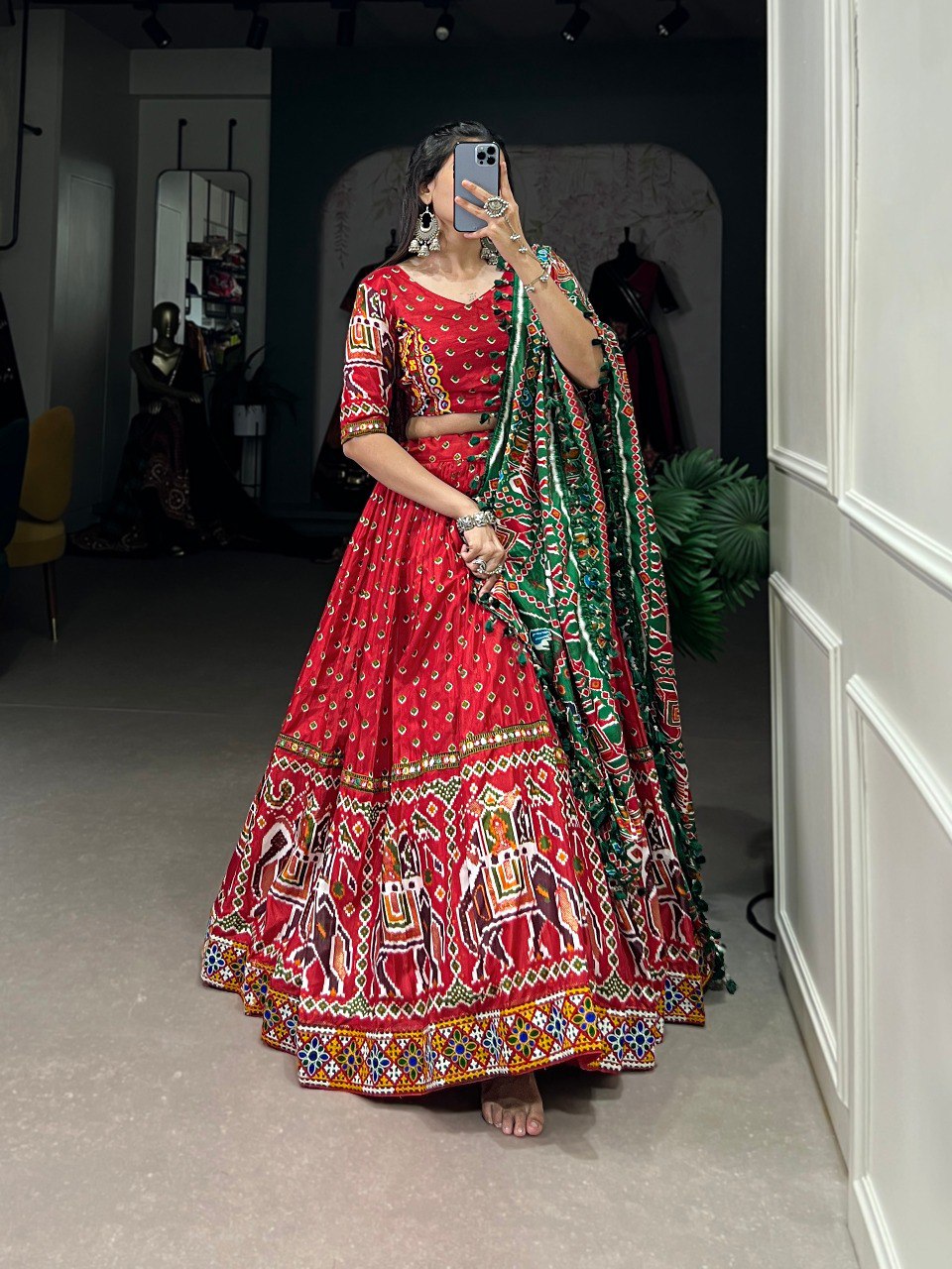 Lorenvalley Red Dola Silk Patola Print With Gamthi Work Lace Border Lehenga Choli with Dupatta - Distacart