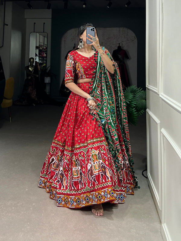 Lorenvalley Red Dola Silk Patola Print With Gamthi Work Lace Border Lehenga Choli with Dupatta - Distacart