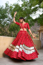 Thumbnail for Lorenvalley Red Pure Rayon with Foil Printed With Gota Patti And Paper Mirror Work Lehenga Choli - Distacart