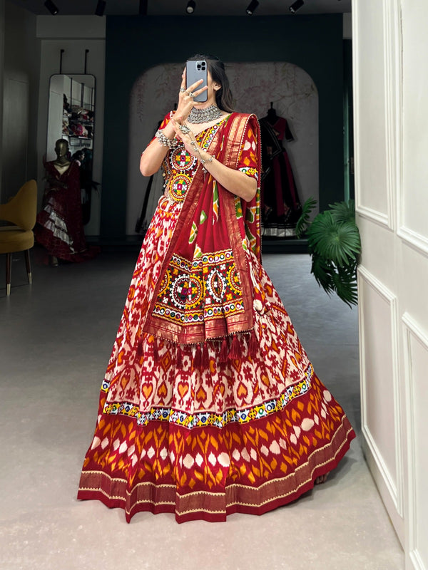 Lorenvalley Red Tussar Silk Patola Print With Foil Work And Original Mirror Gamthi Lace Lehenga Choli with Dupatta - Distacart