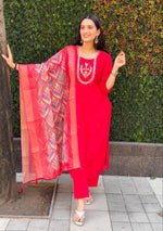 Thumbnail for Lorenvalley Fashion Red Roman Silk Hand Work Kurta Pant with Dupatta