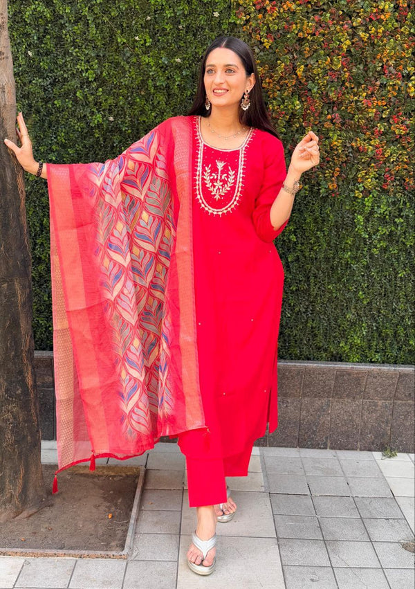Lorenvalley Fashion Red Roman Silk Hand Work Kurta Pant with Dupatta