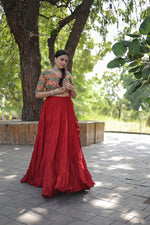 Thumbnail for Lorenvalley Red Premium Rayon Lehenga with Georgette Embroidered Traditional Thread work Choli - Distacart
