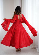 Thumbnail for Lorenvalley Fashion Red Faux Georgette Lukhnowi Sequence Work Anarkali Kurta Pant With Dupatta Set